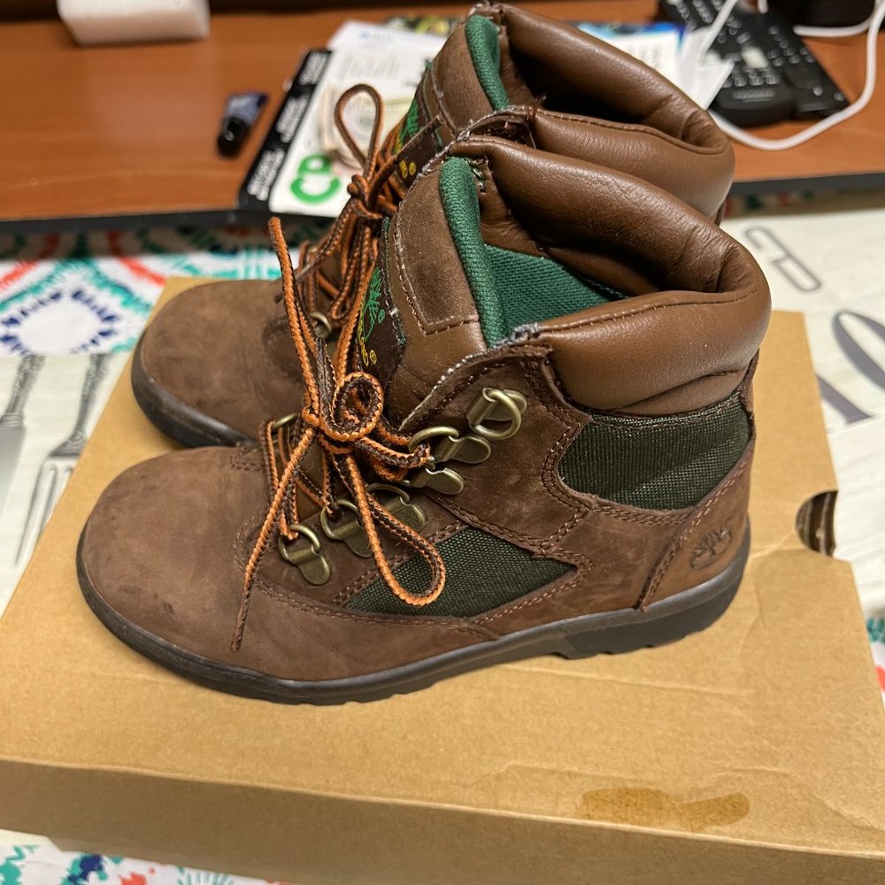 Boys Chocolate and Green Field Timberland Boots Size 13